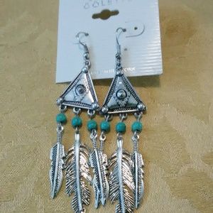 Silver feather and turquoise dangling earrings